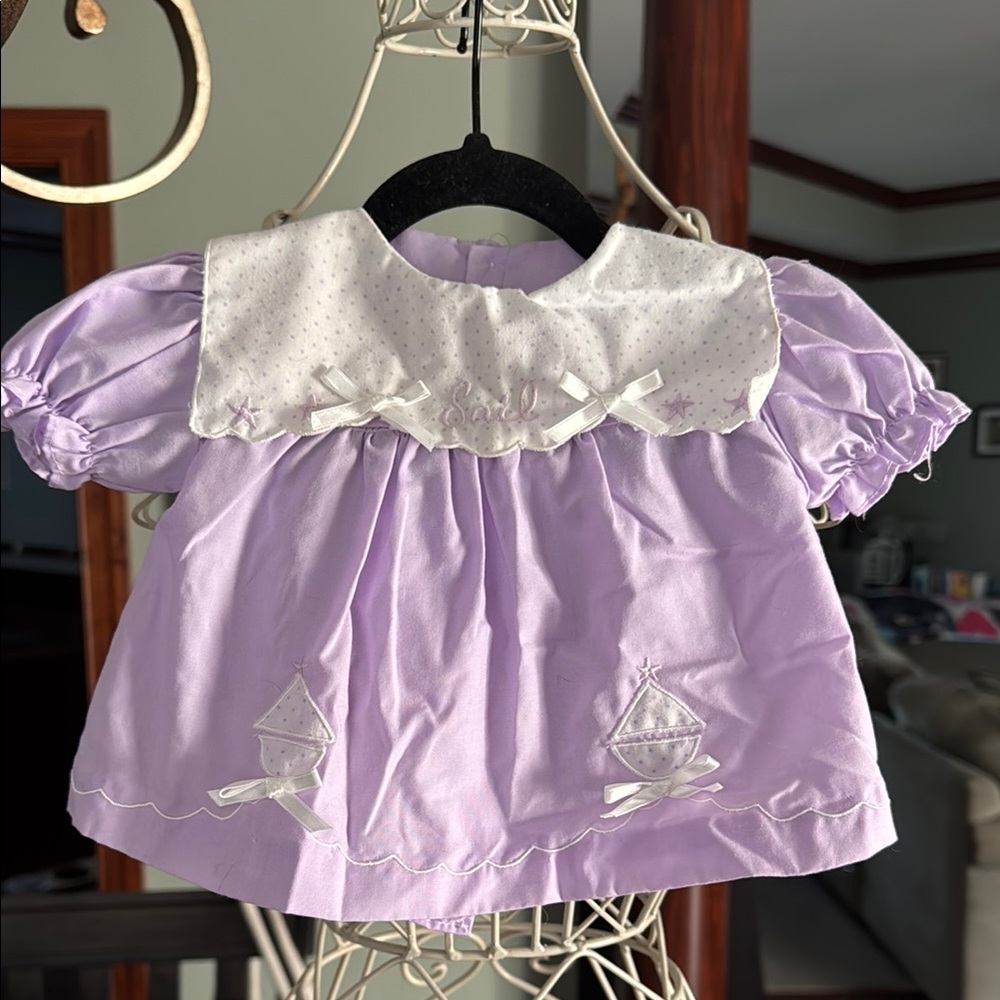 Vintage Lavender Baby Dress with White Collar. 3-6 months.
